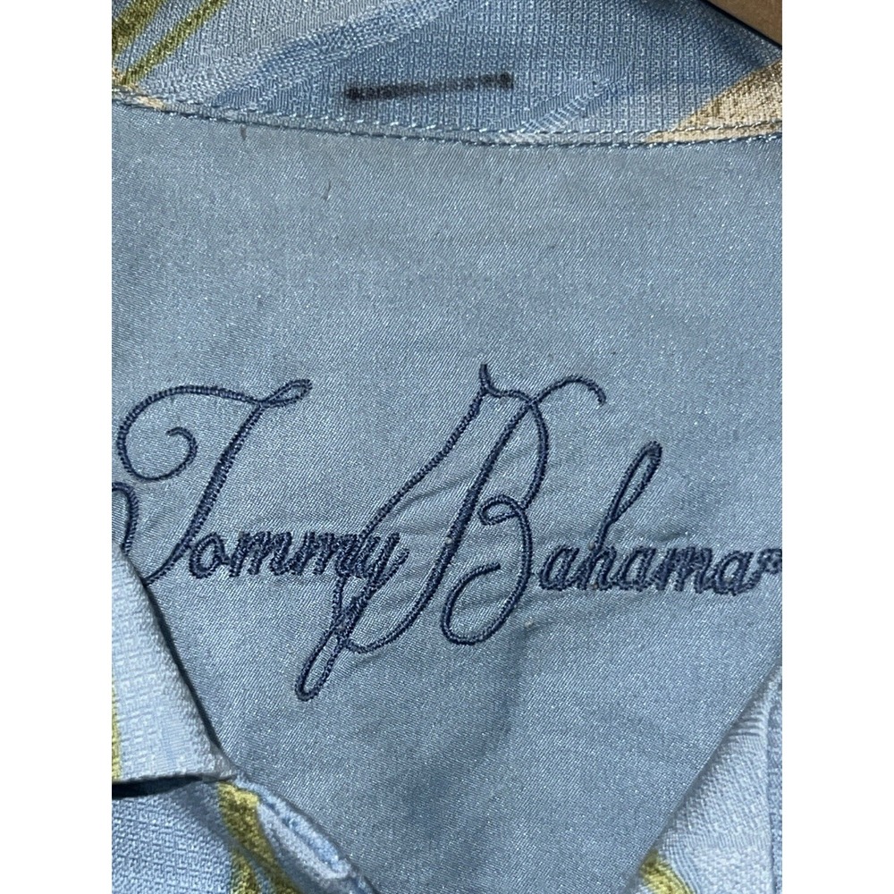 Tommy Bahama 100% Silk Mens Medium Blue Bamboo Groove Hawaiian Button Up‎ Shirt